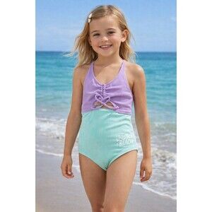 Justice Girls One Piece Swimsuit Colorblock Purple Mint Green Ribbed Beach Xs